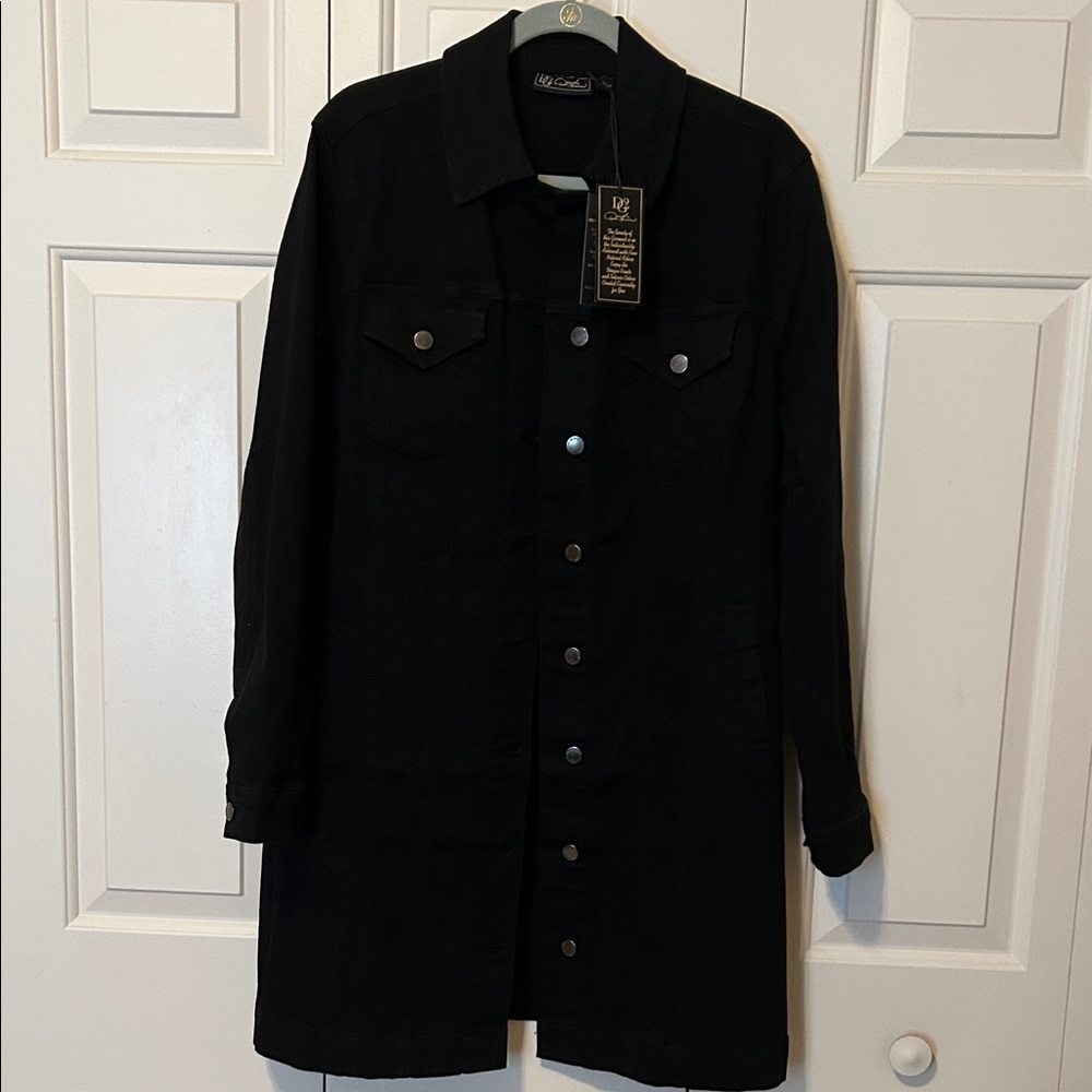 DG2 by Diane Gilman New Classic Stretch Denim Black Car Coat, sz L